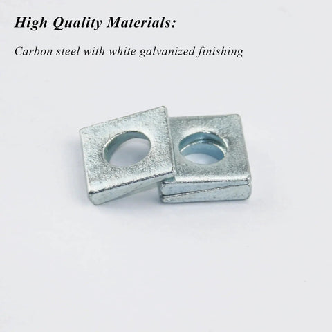 Beveled Square Washers 3/8 in ID by 7/8 in OD galvanized carbon steel pack of 10 shown in close-up with galvanized finish