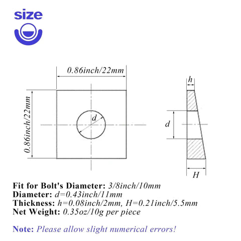 Diagram of Beveled Square Washers 3/8 in ID by 7/8 in OD galvanized carbon steel pack of 10 with dimensions and notes