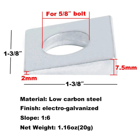 Beveled Square Structural Washers For Five Eighths Bolts And I Beams In Low Carbon Steel With Electro Galvanized Finish This Pack Of Twelve Measures Thirty Four By Thirty Four By Seven Point Five Millimeters Providing Secure Seating For Angled Beams