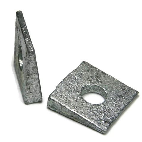 Beveled Square Washers Hot Dipped Galvanized Half Inch Qty 25 showing front and angled views on white background.