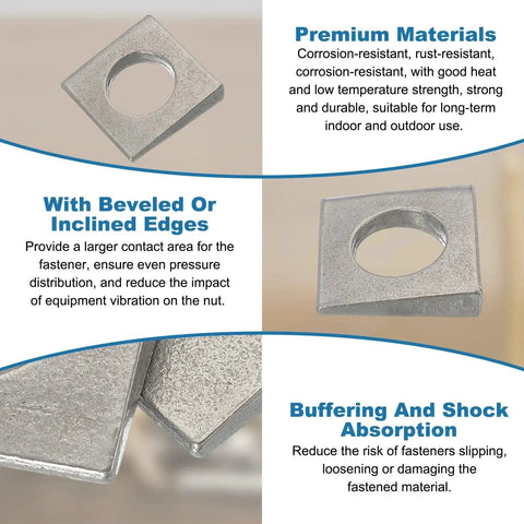 Beveled Square Washers M10 Stainless Steel Shim Leveling Wedge Washers Silver with beveled edges, corrosion-resistant material.