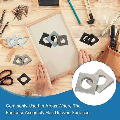 Assortment of Beveled Square Washers M10 Stainless Steel Shim Leveling Wedge Washers Silver on a workbench