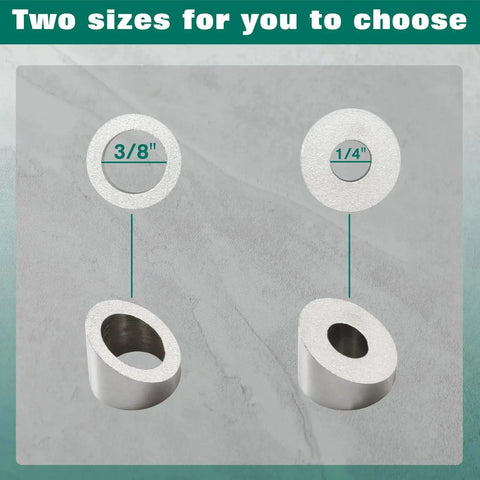 Two sizes of beveled washers: 3/8 inch and 1/4 inch, 30-degree angle, 316 stainless steel for cable railings.