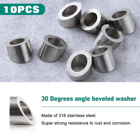 Beveled Washer 3/8 Inch 30 Degree Angled 316 Stainless Steel For Cable Railings in 10-piece pack on gray background