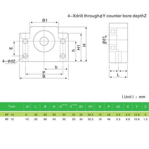 Technical diagram of CNC machine parts with dimensions for Standard End Supports 1PCS BK10, 1PCS BF10 for SFU1204 Ball Screw.