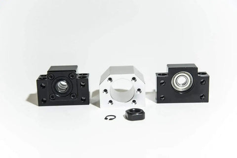 SFU2005 Ball Screw Kit With Nut, BK BF15 End Supports, Coupler, Nut Housing And End Machining components displayed