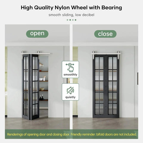 28 Inch Brushed Nickel Bifold Sliding Barn Door Hardware Track Kit with Side Mounted J Shape Rollers for smooth operation