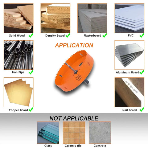 Bi Metal 6 Inch Hole Saw Kit With Arbor for cutting metal, wood, PVC, plastic; applications and non-applicable materials shown.