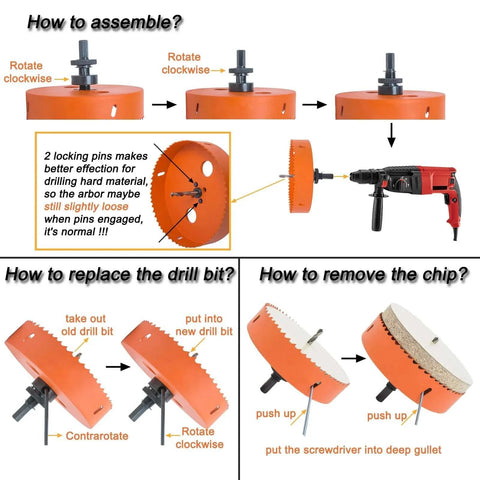 Bi Metal 6 Inch Hole Saw Kit With Arbor instructions for assembly, drill bit replacement, and chip removal for metal, wood, and plastic cutting.