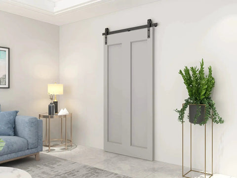 Installed 43 Inch Bi Folding Sliding Barn Door Hardware Kit for Two Doors in modern living room, door not included.