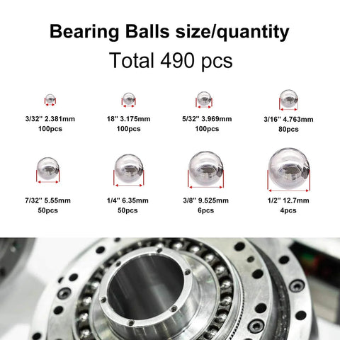 490Pcs Bicycle Bearing Balls Kit Six Sizes Precision Chrome Steel Balls Assortment with sizes from 3/32 inch to 1/2 inch.