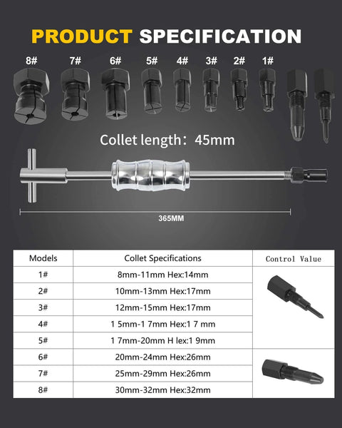 Upgrade Bicycle Blind Hole Bearing Puller Set with Slide Hammer & Two-Jawed Puller Kit showing collets and specifications chart
