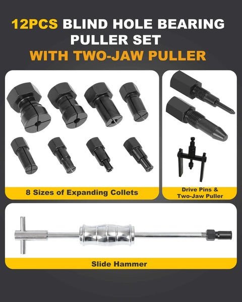 Upgrade Bicycle Blind Hole Bearing Puller Set with Slide Hammer & Two-Jawed Puller Kit, showing collets and tools displayed on dark background.