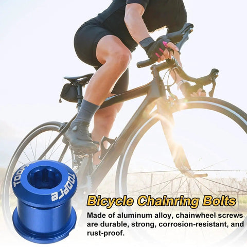 Blue M8 aluminum chainring bolts set delivers CNC precision, anodized finish, and lightweight security, shown with cyclist.