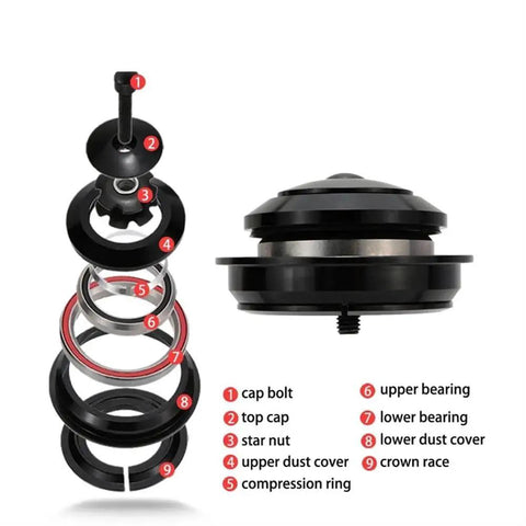 Exploded view of 1/8 inch bicycle headset ball bearing 45 degree 2RS sealed MH P08H7 assembly showing components for steering system.