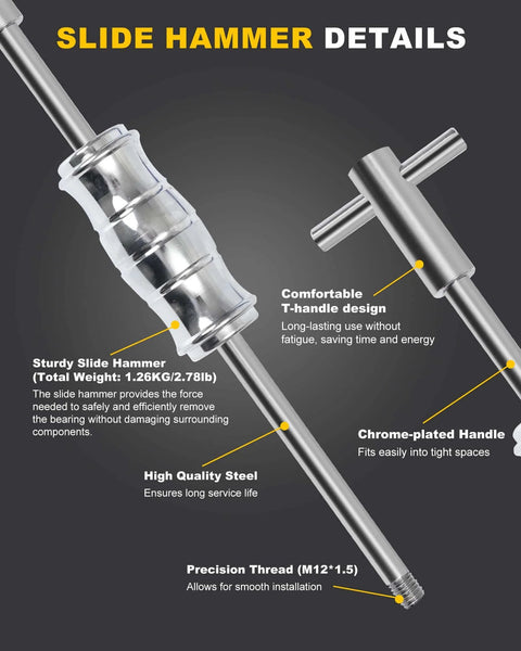 Slide hammer details for Upgrade Bicycle Blind Hole Bearing Puller Set with Slide Hammer & Two-Jawed Puller showing steel build and handle design.