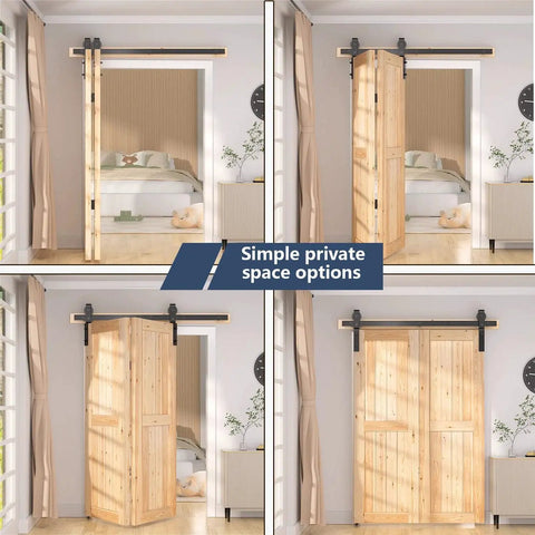 Bedroom with 52 Inch Bifold Barn Door Hardware Kit For Two Doors In Black Finish, showing space-saving folding push-pull operation.