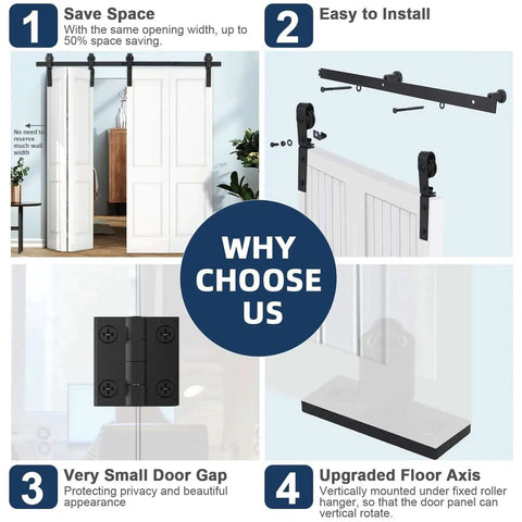 Diagram showing features of a Beefed Up Heavy Duty Bi Folding Sliding Barn Door Hardware Track Kit for four closets with side mounted rollers.