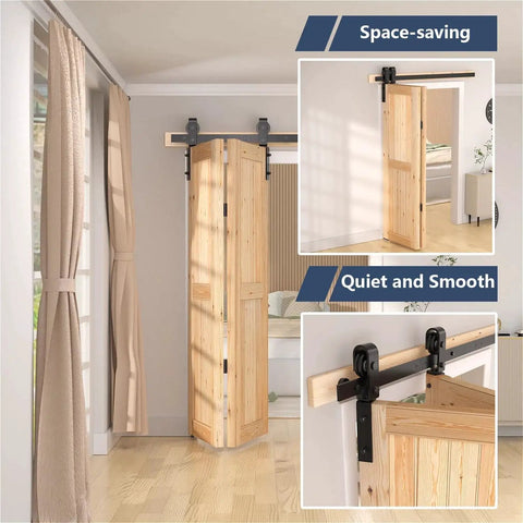 52 Inch Bifold Barn Door Hardware Kit For Two Doors In Black Finish With Thickened Carbon Steel Construction shown installed.