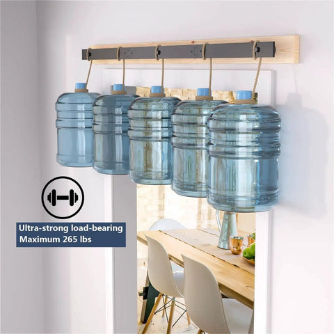 Hardware kit demonstrating load-bearing capacity with water jugs, showing durability of 52 Inch Bifold Barn Door Hardware Kit For Two Doors.