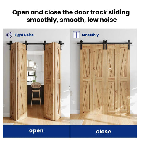 Bi Folding Sliding Barn Door Hardware Kit For Four Doors Heavy Duty Side Mounted Bifold System 64 Inch Track With Nylon Rollers installed