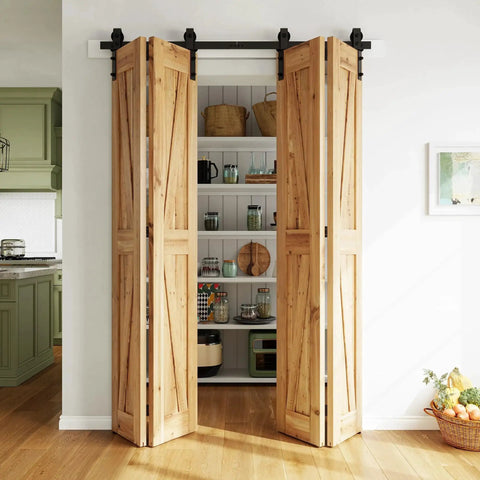 Bi Folding Sliding Barn Door Hardware Kit For Four Doors Heavy Duty Side Mounted Bifold System 64 Inch Track With Nylon Rollers