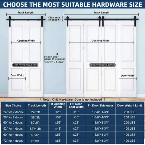 Size chart for Beefed Up Heavy Duty Bi Folding Sliding Barn Door Hardware Track Kit For Four Closet Doors with specifications.
