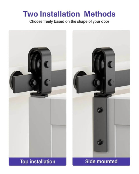 Top and side mount options for Bifold Barn Door Hardware: 40 inch Bi-fold Sliding Barn Door Hardware Track Kit for 36" Closet Doors.