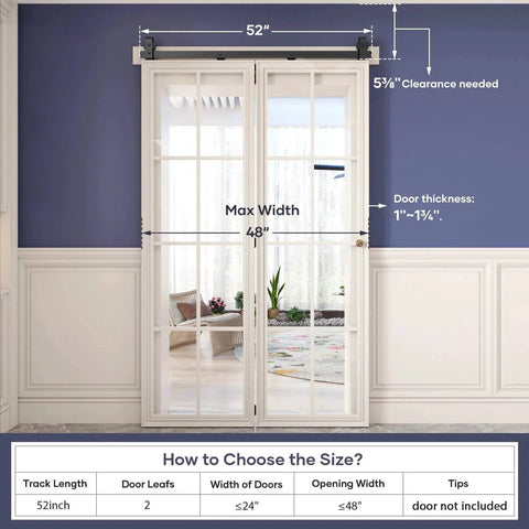 52 inch Bifold Barn Door Hardware Track Kit for Two 24 inch Closet Doors installed, showing measurements and clearances, no door included