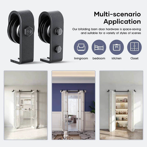 52 inch Bifold Barn Door Hardware Track Kit for Two 24 inch Closet Doors shown with installation examples in home settings