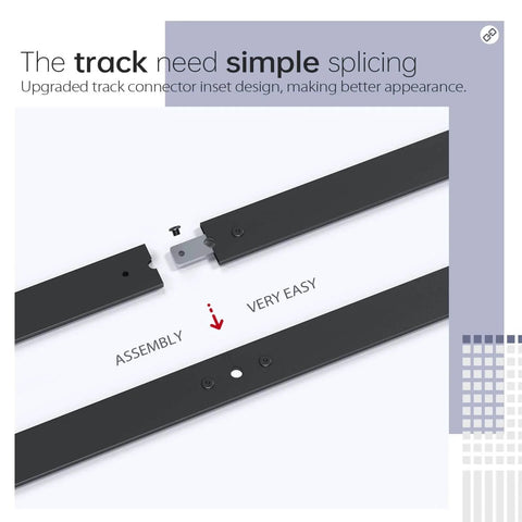 52 inch Bifold Barn Door Hardware Track Kit for Two 24 inch Closet Doors showing assembly of black track splicing system