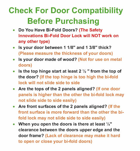 Door compatibility checklist for bi-fold doors featuring safety guidelines for 1 3/8 inch wood doors using Two Pack Bifold Door Lock Child And Pet Proof Tool Free Install Clear Polycarbonate.
