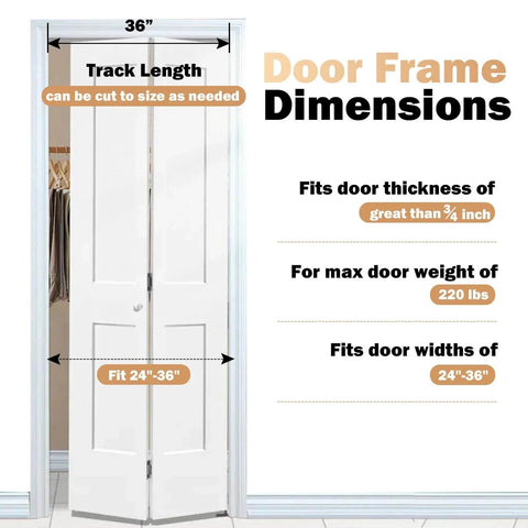 Diagram of 2 Pack Bifold Door Hardware Kits with 36 Inch Long Track for Folding Closet, showing dimensions and fitting guide.