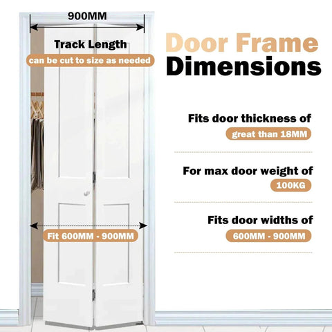 Bi-fold multi-panel door installed with highlighted frame dimensions and track length, part of the Bifold Door Hardware Kits.