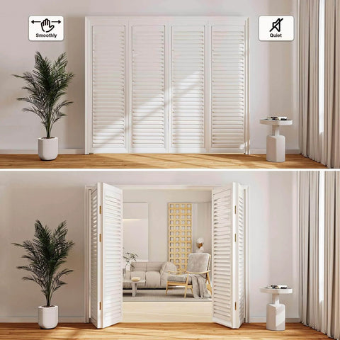 Bifold door hardware kit with 48 inch closet track for folding doors, installed in a room, showcasing smooth, space-saving operation.