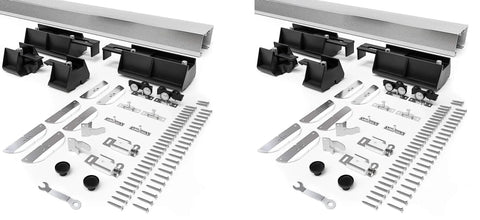 96 inch Bifold Door Hardware Kit showing aluminum tracks, ball-bearing rollers, and hardware components for closet doors.