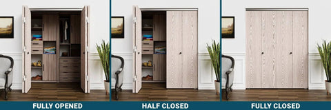 96 inch Bifold Door Hardware Kit demonstrating open, half-closed, and closed configurations in a living room closet setting.