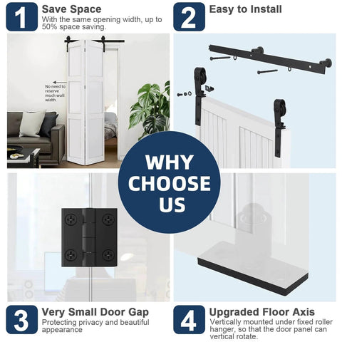 Diagram showing features of 60" Bi-Folding Sliding Barn Door Hardware Kit for Two 28" Bifold Doors, installation steps and benefits.