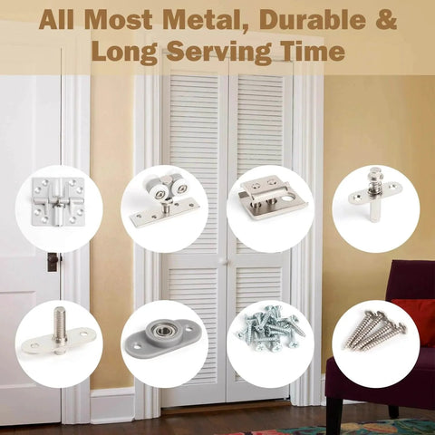 Components of Bifold Door Hardware Kits with 36 Inch Long Track shown against folding closet doors