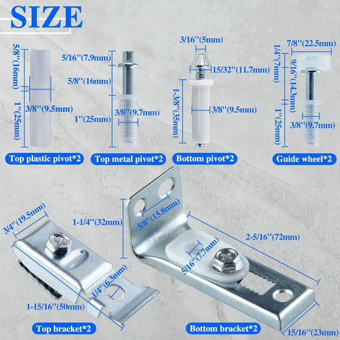 Components of Bifold Door Hardware Kit 2 Pack, showing top and bottom pivots, guide wheel, brackets with dimensions.