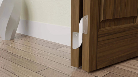 Close-up of hinge detail on a wooden door using 96 inch Bifold Door Hardware Kit, Bifold Door Track 96 inch for 4 Doors Closet Folding Door