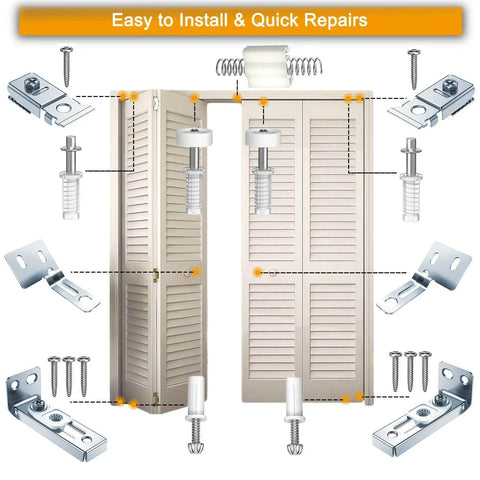 Bifold Door Hardware kit for 7/8" to 1" Track, includes pivots, wheels, brackets, and screws for installation and repair of interior doors.