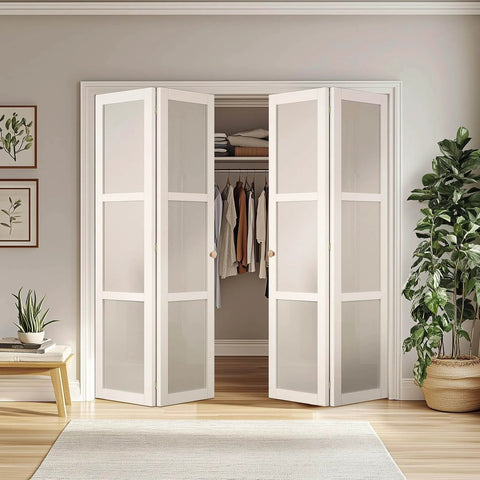 Bifold door hardware kit with 48 inch closet track for folding doors, complete repair and replacement set installed on white doors.