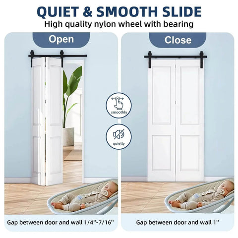 Open and closed view of 60" Bi-Folding Sliding Barn Door Hardware Kit for Two 28" Bifold Doors, smooth and quiet operation