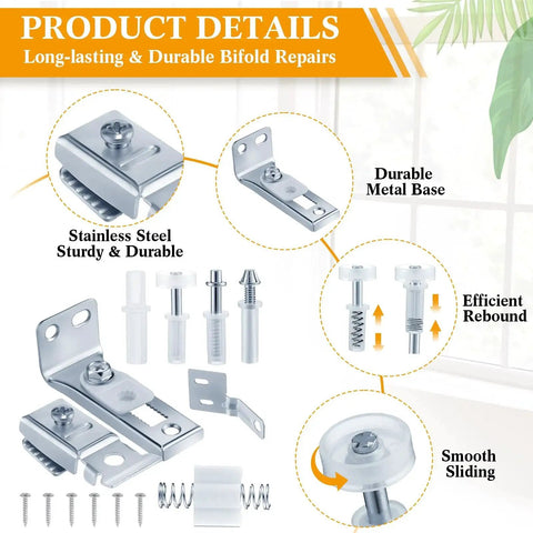 12 Pack Bifold Door Hardware Kit For Closet Doors Replacement Parts Including Track With Guide Wheel For Seven Eighths To One Inch Size Three Eighths Inch Pivot Top And Bottom Brackets For Folding Sliding Barn Doors, showing stainless steel components