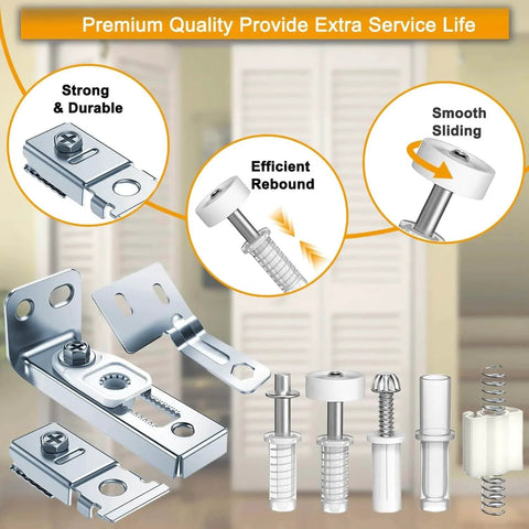 Bifold Door Hardware kit for 7/8" to 1" Track, shown with pivots and brackets, highlighting strong durability and smooth sliding features.