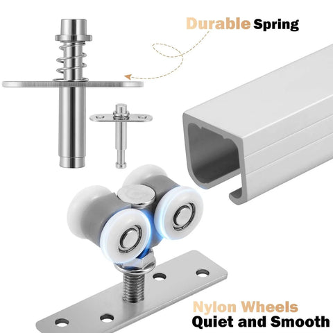 Components of Bifold Door Hardware Kit showing 36-inch track, spring, and nylon wheels for smooth and quiet operation.