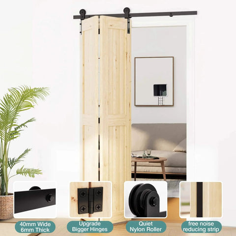Bifold Door Hardware for Closet: Heavy Duty Bi Fold Barn Door Hardware Kit - 54" Track Folding System for Max Two 24" Doors Panels 46" Opening - Top/Side Mount, Doors Not Included; wooden door with black hardware in living area
