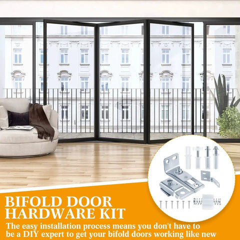 12 Pack Bifold Door Hardware Kit For Closet Doors Replacement Parts Including Track With Guide Wheel For Seven Eighths To One Inch Size Three Eighths Inch Pivot Top And Bottom Brackets For Folding Sliding Barn Doors displayed in a room with glass doors and a wooden floor.