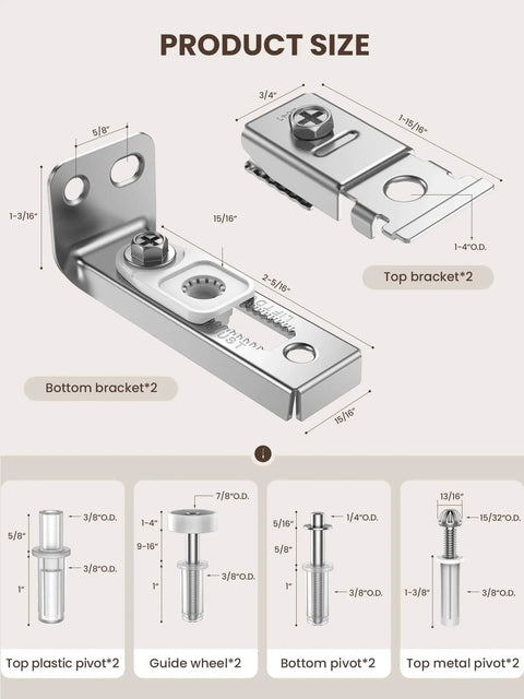 Diagram of Bifold Door Hardware Repair Kit - 2 Pack Bi-fold Sliding Closet Door Hardware Kit for 7/8" to 1" Track parts with sizes